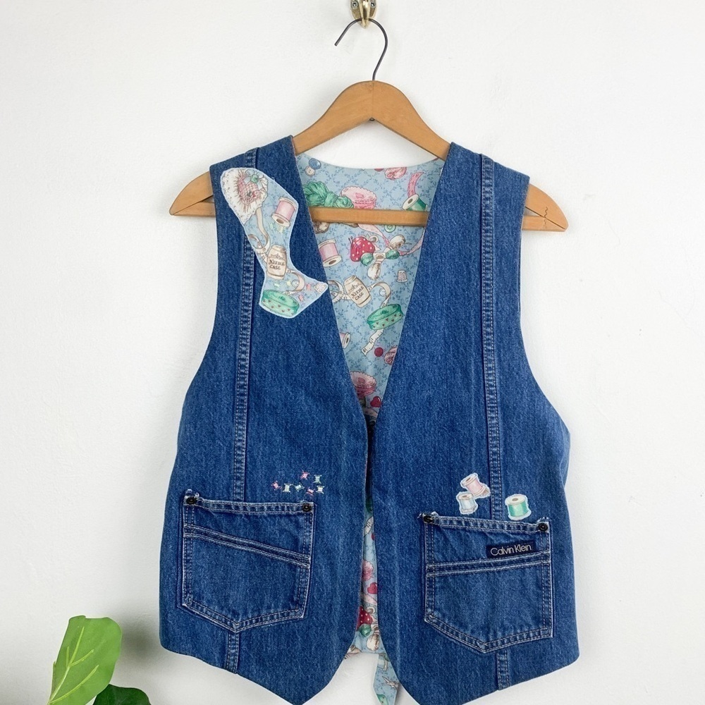 Vintage Handmade Calvin Klein Sewing Pattern Embroidered Denim Vest OS
